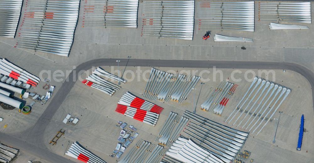 Aerial image Magdeburg - Factory premises and open storage areas with wind turbine components of Vestas Castings Magdeburg GmbH in Salbke district of Magdeburg in Saxony-Anhalt