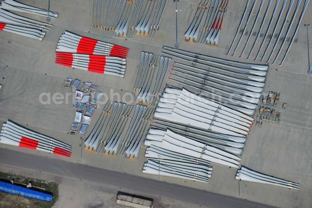 Magdeburg from above - Factory premises and open storage areas with wind turbine components of Vestas Castings Magdeburg GmbH in Salbke district of Magdeburg in Saxony-Anhalt