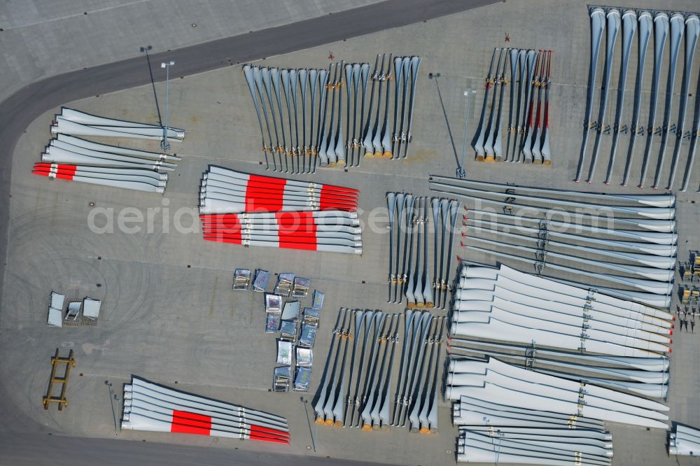 Magdeburg from above - Factory premises and open storage areas with wind turbine components of Vestas Castings Magdeburg GmbH in Salbke district of Magdeburg in Saxony-Anhalt