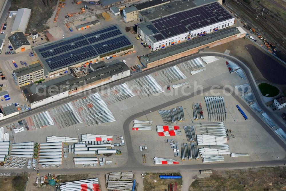 Magdeburg from the bird's eye view: Factory premises and open storage areas with wind turbine components of Vestas Castings Magdeburg GmbH in Salbke district of Magdeburg in Saxony-Anhalt