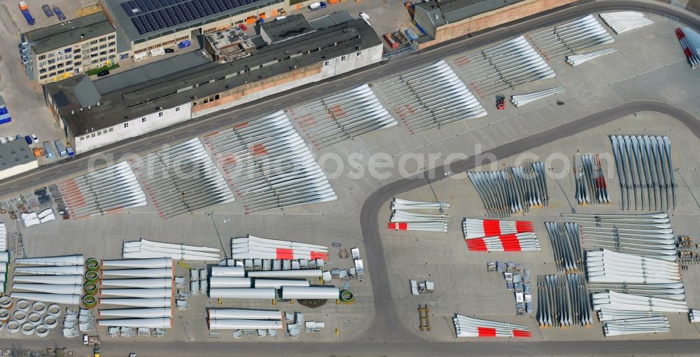 Aerial image Magdeburg - Factory premises and open storage areas with wind turbine components of Vestas Castings Magdeburg GmbH in Salbke district of Magdeburg in Saxony-Anhalt