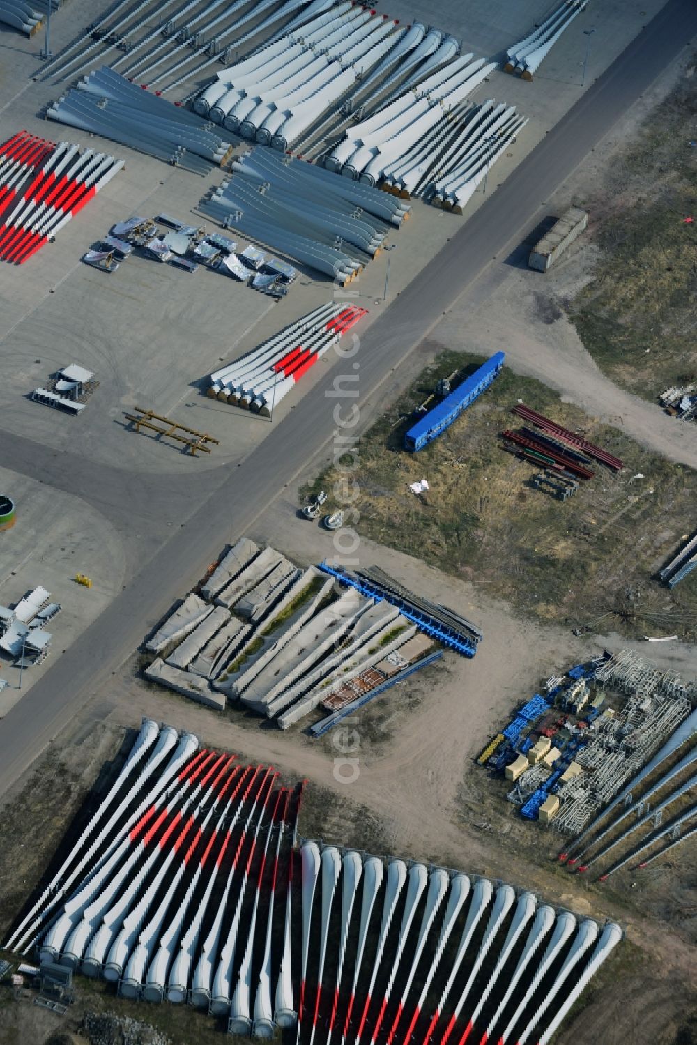 Magdeburg from the bird's eye view: Factory premises and open storage areas with wind turbine components of Vestas Castings Magdeburg GmbH in Salbke district of Magdeburg in Saxony-Anhalt