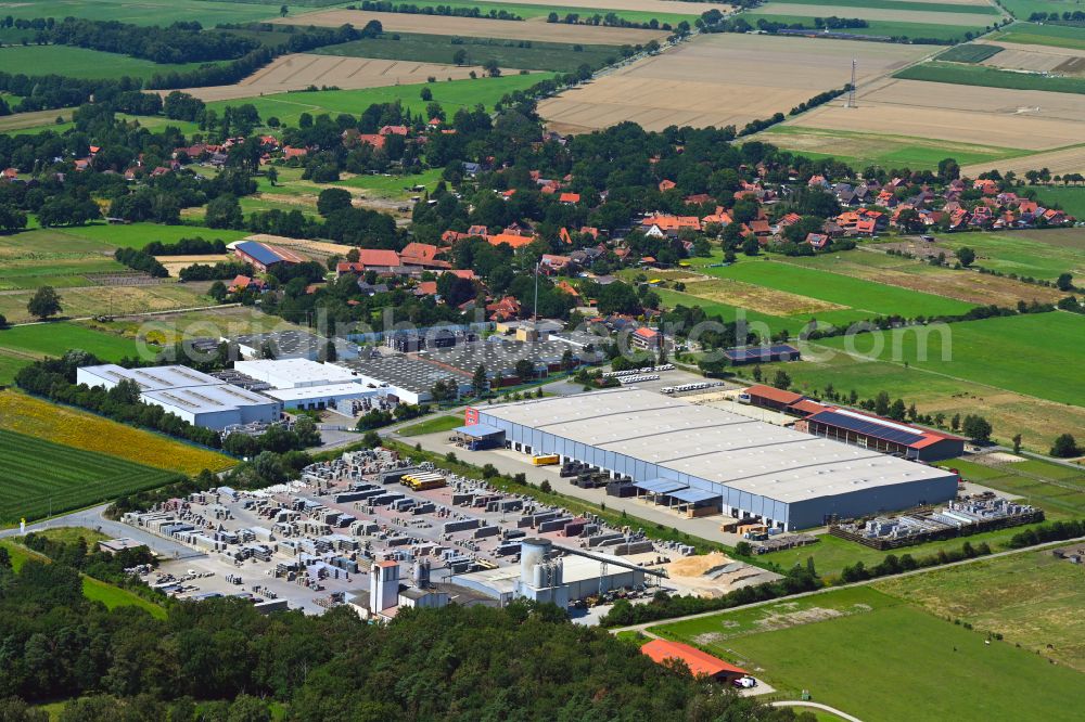 Aerial image Meitze - Building and production halls on the premises of Gala-Lusit-Betonsteinwerke GmbH on street Bremer Weg in Meitze in the state Lower Saxony, Germany