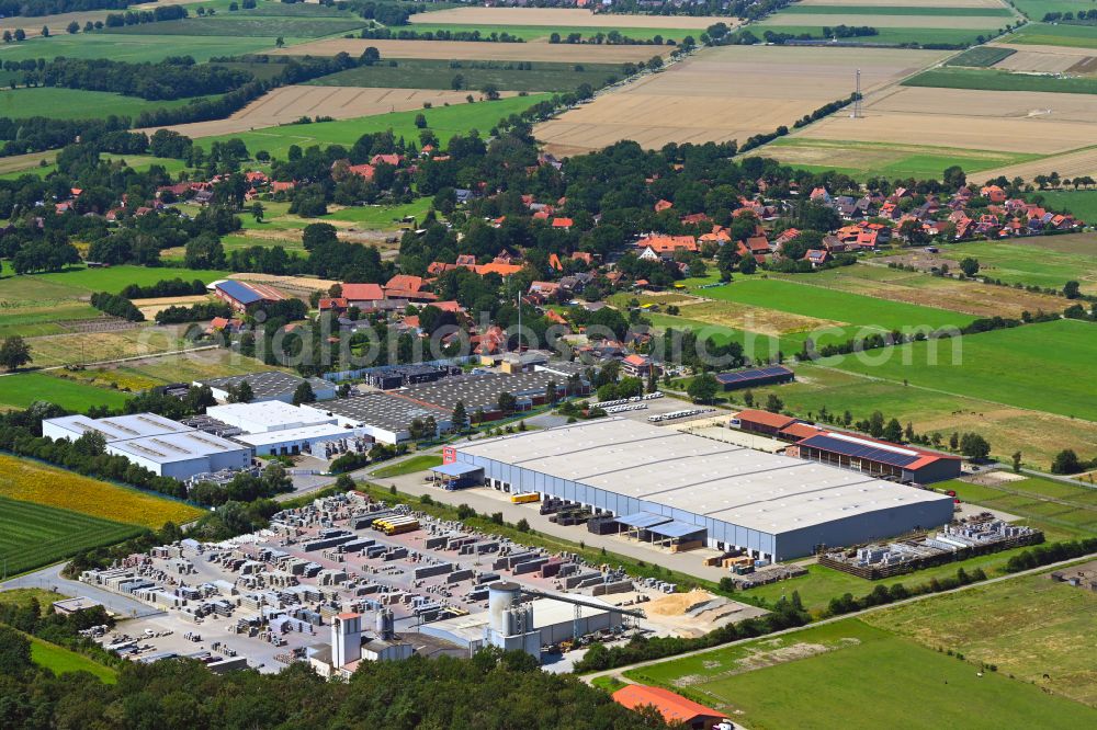 Meitze from above - Building and production halls on the premises of Gala-Lusit-Betonsteinwerke GmbH on street Bremer Weg in Meitze in the state Lower Saxony, Germany