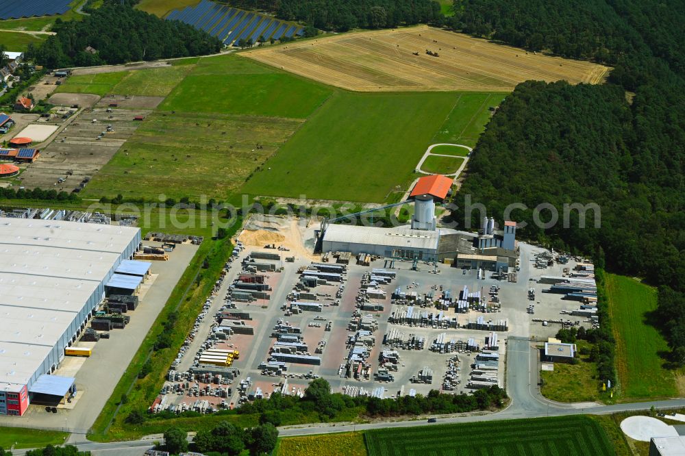 Aerial photograph Meitze - Building and production halls on the premises of Gala-Lusit-Betonsteinwerke GmbH on street Bremer Weg in Meitze in the state Lower Saxony, Germany