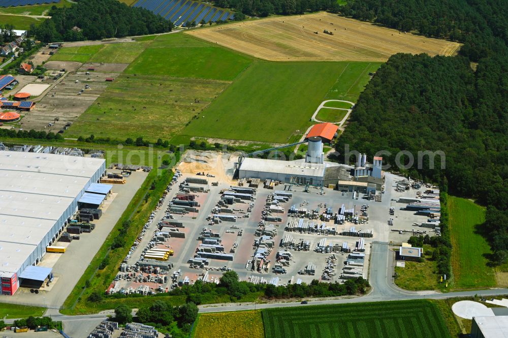 Meitze from above - Building and production halls on the premises of Gala-Lusit-Betonsteinwerke GmbH on street Bremer Weg in Meitze in the state Lower Saxony, Germany