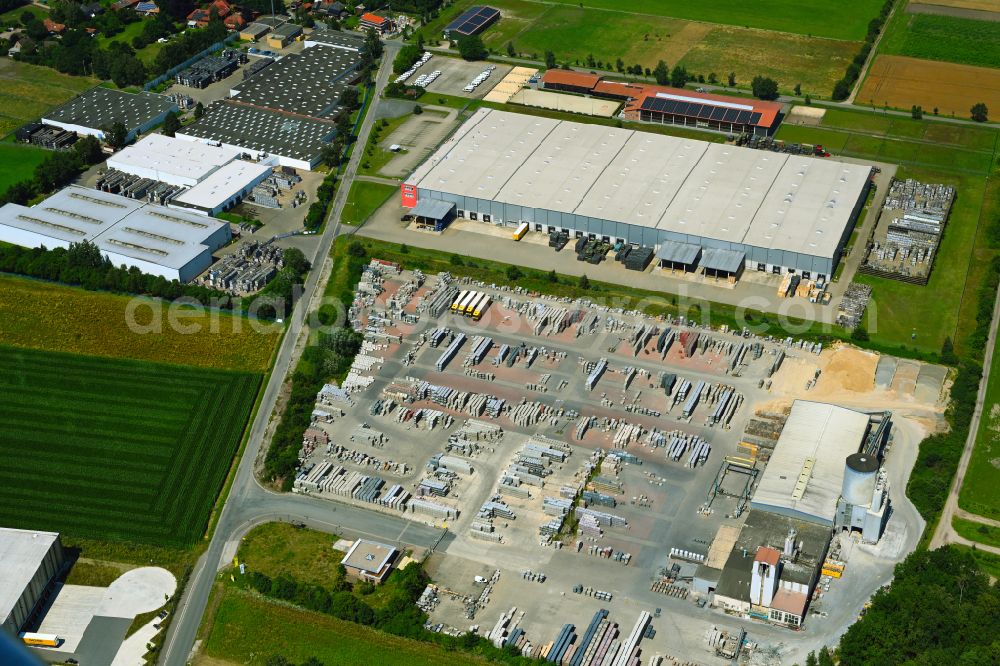 Meitze from above - Building and production halls on the premises of Gala-Lusit-Betonsteinwerke GmbH on street Bremer Weg in Meitze in the state Lower Saxony, Germany