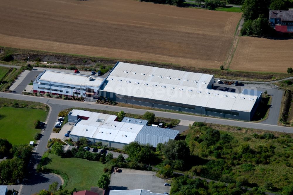 Osterburken from above - Building and production halls on the premises of Guedel Group AG at Industriepark in Osterburken in the state Baden-Wurttemberg, Germany