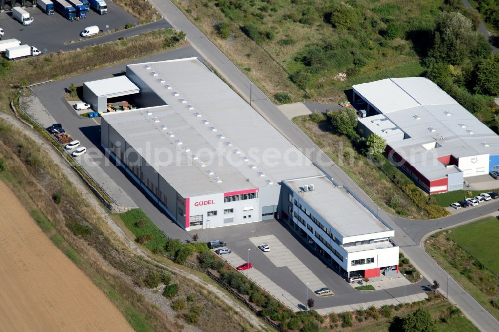 Aerial photograph Osterburken - Building and production halls on the premises of Guedel Group AG at Industriepark in Osterburken in the state Baden-Wurttemberg, Germany