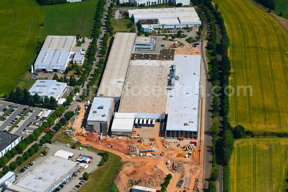 Sankt Egidien from above - Building and production halls on the premises Geberit Deutschland on street Kastanienstrasse in the district Schaeller in Sankt Egidien in the state Saxony, Germany