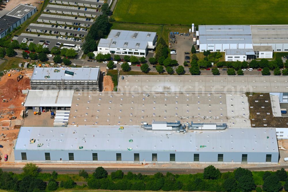 Sankt Egidien from the bird's eye view: Building and production halls on the premises Geberit Deutschland on street Kastanienstrasse in the district Schaeller in Sankt Egidien in the state Saxony, Germany