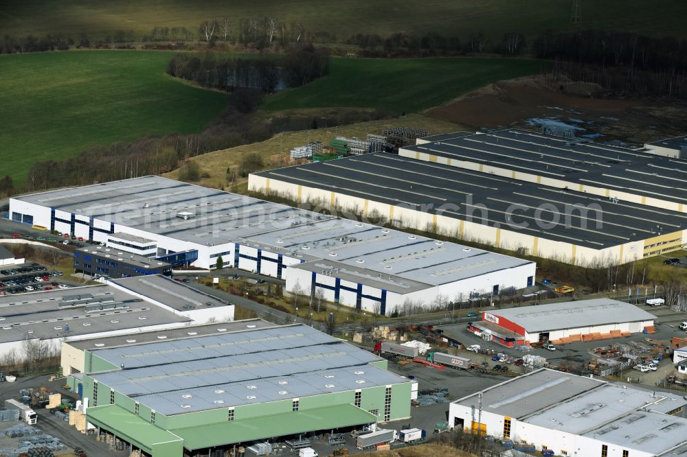 Oelsnitz/Vogtl. from the bird's eye view: Building and production halls on the premises of Gebrueder MEISER GmbH on street Am Lehmteich in the district Obermarxgruen in Oelsnitz/Vogtl. in the state Saxony, Germany