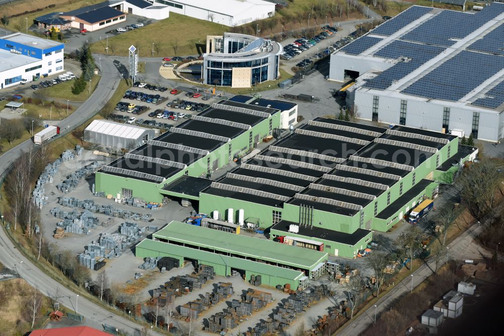 Aerial image Oelsnitz/Vogtl. - Building and production halls on the premises of Gebrueder MEISER GmbH on street Am Lehmteich in the district Obermarxgruen in Oelsnitz/Vogtl. in the state Saxony, Germany