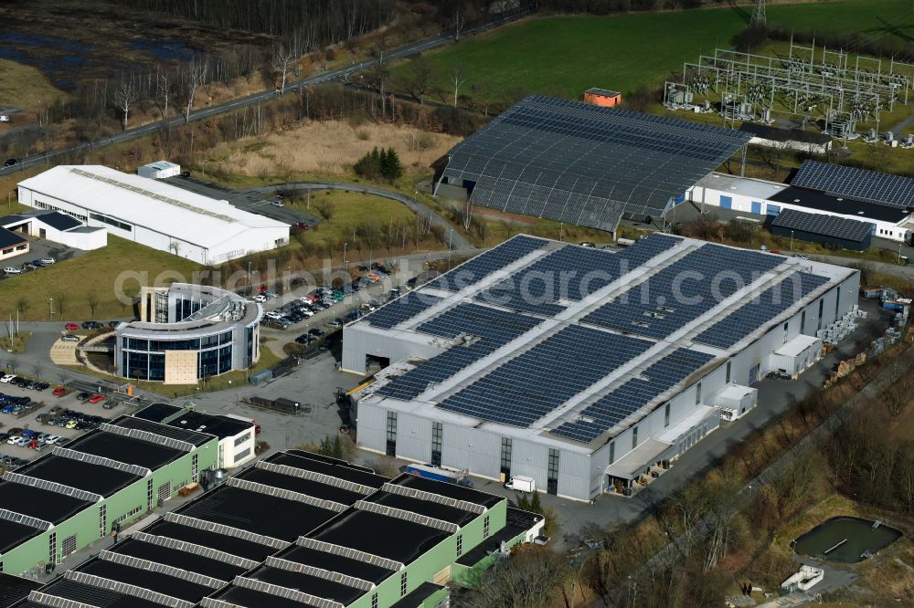 Aerial photograph Oelsnitz/Vogtl. - Building and production halls on the premises of Gebrueder MEISER GmbH on street Am Lehmteich in the district Obermarxgruen in Oelsnitz/Vogtl. in the state Saxony, Germany