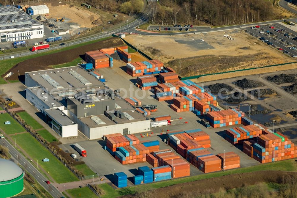 Dorsten from above - Building and production halls on the premises of Genan GmbH on Gottlieb-Daimler-Strasse in Dorsten in the state North Rhine-Westphalia, Germany