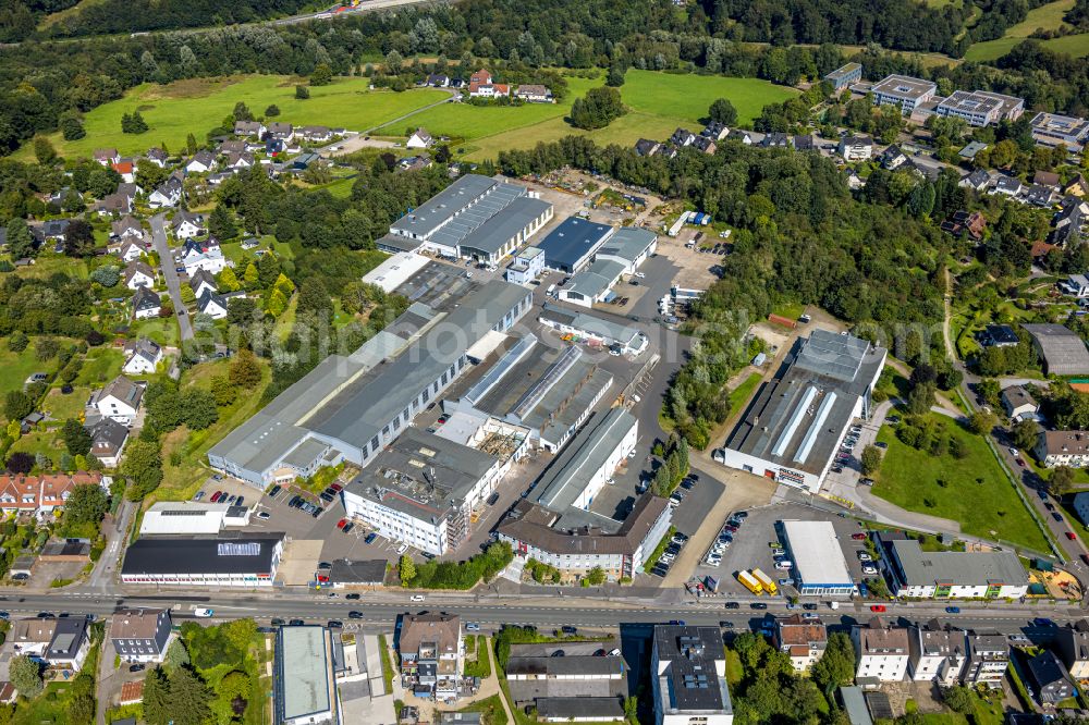 Gevelsberg from above - Building and production halls on the premises of TS Gesellschaft fuer Transport- and Sicherungssysteme mbH with the Peddinghaus on Hasslinghauser Strasse in Gevelsberg in the state North Rhine-Westphalia, Germany