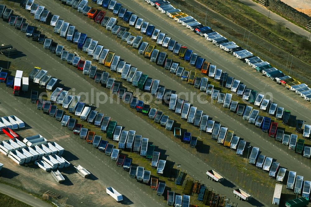 Aerial image Gotha - Buildings, production halls and truck trailer parking space on the factory premises of Gothaer Fahrzeugtechnik GmbH on Fliegerstrasse in Gotha in the state Thuringia, Germany