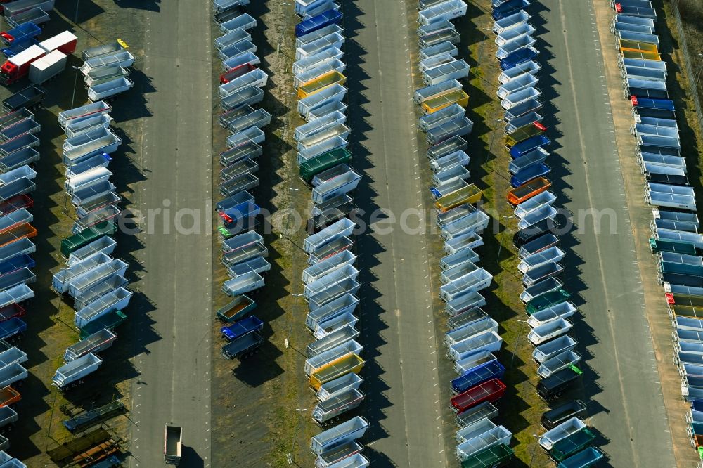 Gotha from above - Buildings, production halls and truck trailer parking space on the factory premises of Gothaer Fahrzeugtechnik GmbH on Fliegerstrasse in Gotha in the state Thuringia, Germany