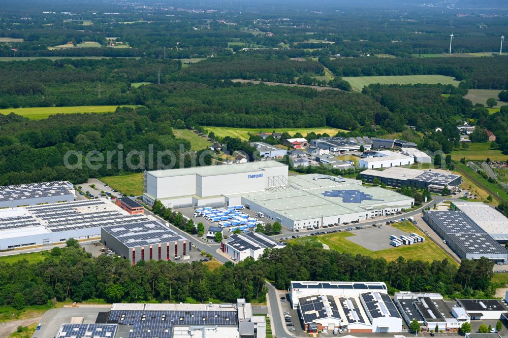 Hövelhof from the bird's eye view: Building and production halls on the premises of heroal - Johann Henkenjohann GmbH & Co. KG on street Heinz-Sallads-Strasse in Hoevelhof in the state North Rhine-Westphalia, Germany