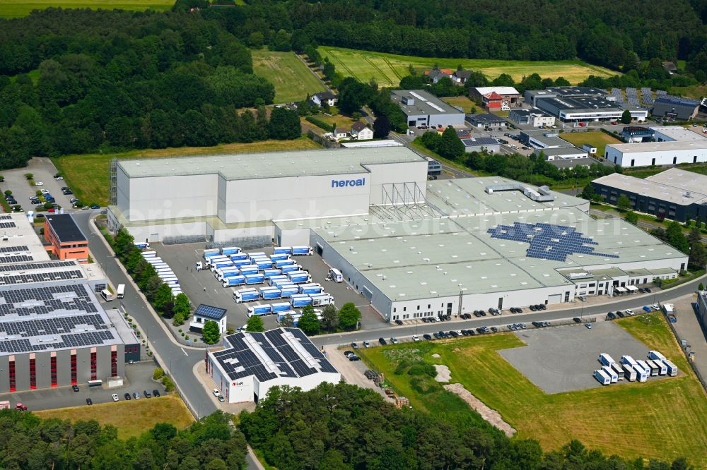 Aerial image Hövelhof - Building and production halls on the premises of heroal - Johann Henkenjohann GmbH & Co. KG on street Heinz-Sallads-Strasse in Hoevelhof in the state North Rhine-Westphalia, Germany