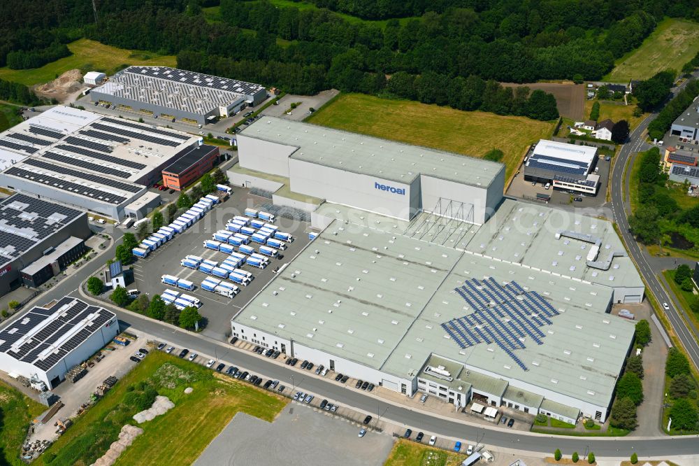 Hövelhof from above - Building and production halls on the premises of heroal - Johann Henkenjohann GmbH & Co. KG on street Heinz-Sallads-Strasse in Hoevelhof in the state North Rhine-Westphalia, Germany