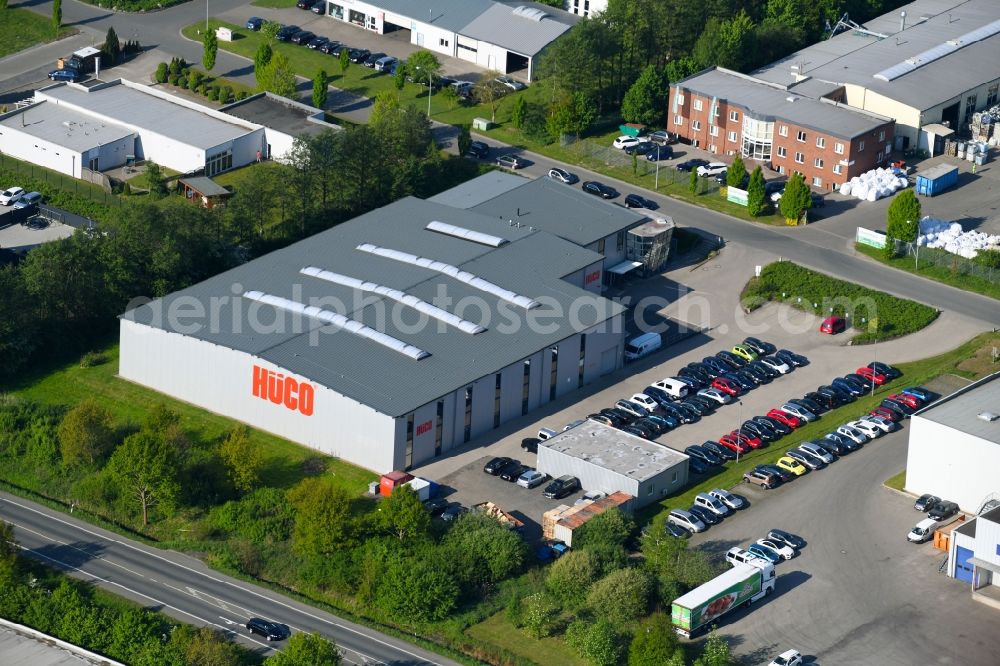 Espelkamp from above - Building and production halls on the premises of Hitachi Automotive Systems Espelkamp GmbH in Espelkamp in the state North Rhine-Westphalia, Germany