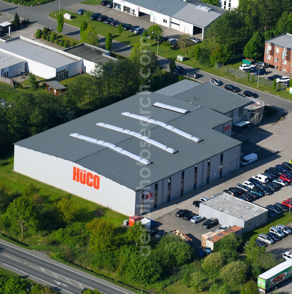 Espelkamp from the bird's eye view: Building and production halls on the premises of Hitachi Automotive Systems Espelkamp GmbH in Espelkamp in the state North Rhine-Westphalia, Germany