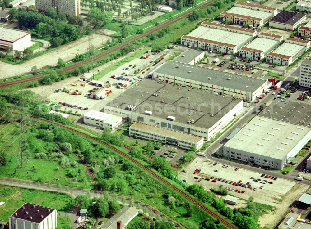 Aerial image Berlin - Building and production halls on the premises of HMP Heidenhain Microprint GmbH on street Rhinstrasse in the district Marzahn in Berlin, Germany