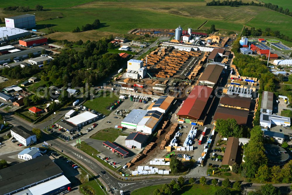 Hagenow from above - Building and production halls on the premises of HMS Holzindustrie Hagenow GmbH in Hagenow in the state Mecklenburg - Western Pomerania, Germany