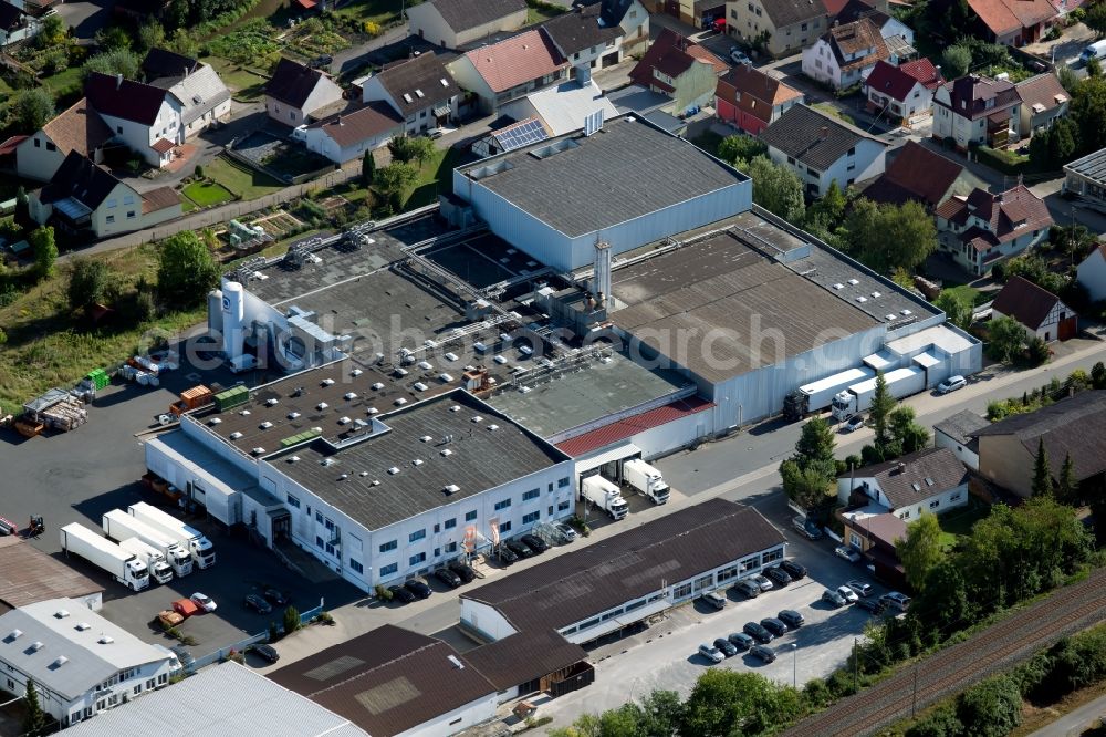 Boxberg from above - Building and production halls on the premises of Hofmann Menue-Manufaktur GmbH on Adelbert-Hofmann-Strasse in Boxberg in the state Baden-Wurttemberg, Germany