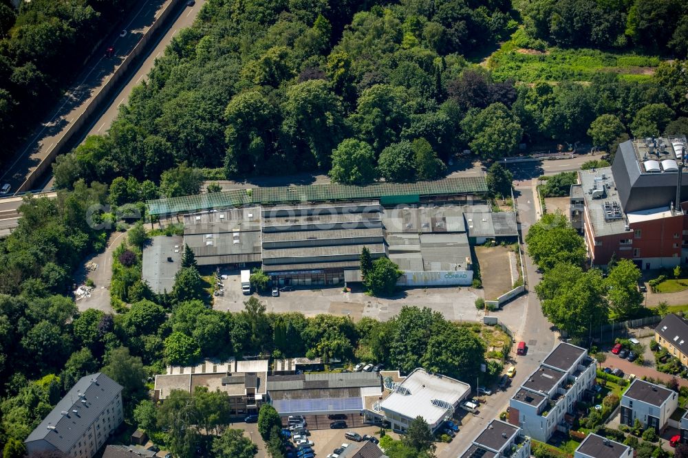 Essen from above - Building and production halls on the premises of Holz Conrad - Heinrich Conrad GmbH + Co. KG in Essen in the state North Rhine-Westphalia