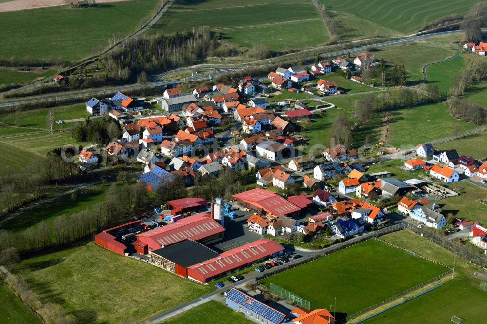 Aerial image Brand - Building and production halls on the premises of Holzbau Gutmann GmbH on Reulbacher Strasse in Brand in the state Hesse, Germany