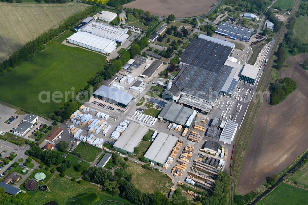 Märkisch Linden from the bird's eye view: Building and production halls on the premises of Holzwerke Bullinger on Ahornallee in the district Werder in Maerkisch Linden in the state Brandenburg, Germany