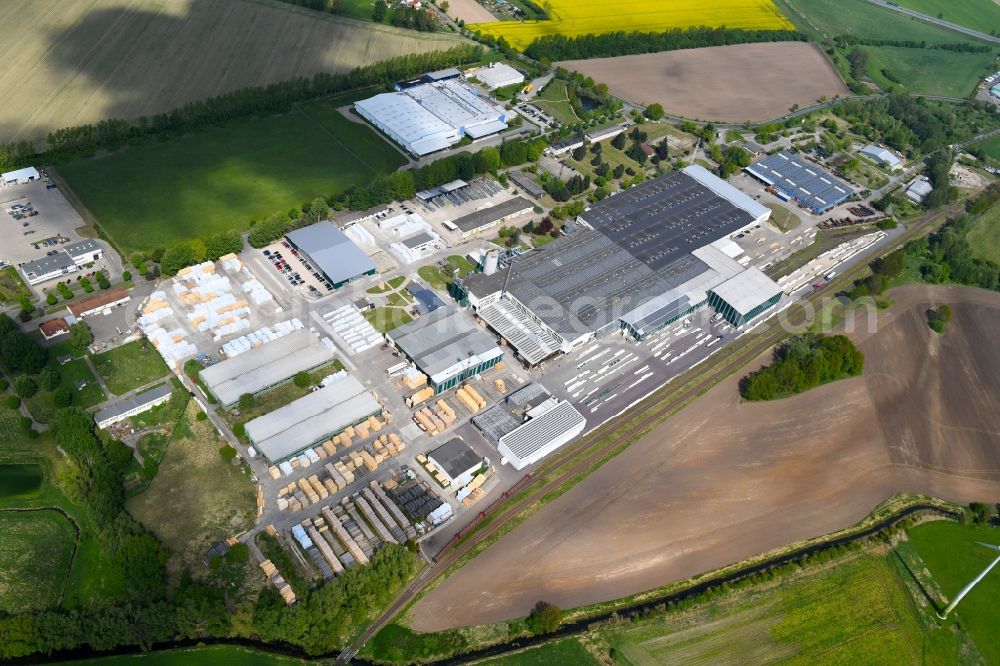 Märkisch Linden from the bird's eye view: Building and production halls on the premises of Holzwerke Bullinger on Ahornallee in the district Werder in Maerkisch Linden in the state Brandenburg, Germany