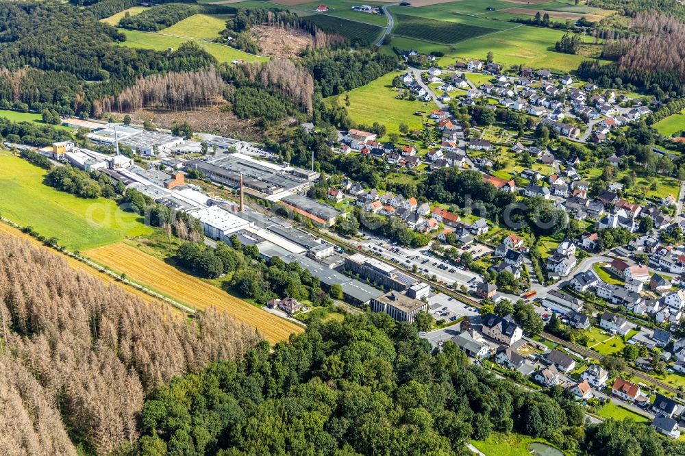 Brilon from above - Building and production halls on the premises of HOPPECKE Batterien GmbH & Co. KG on Bontkirchener Strasse in the district Hoppecke in Brilon in the state North Rhine-Westphalia, Germany