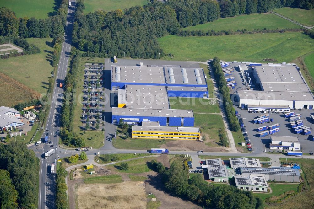 Steinhagen from above - Building and production halls on the premises of the Hoermann KG Antriebstechnik in Steinhagen in the state North Rhine-Westphalia, Germany