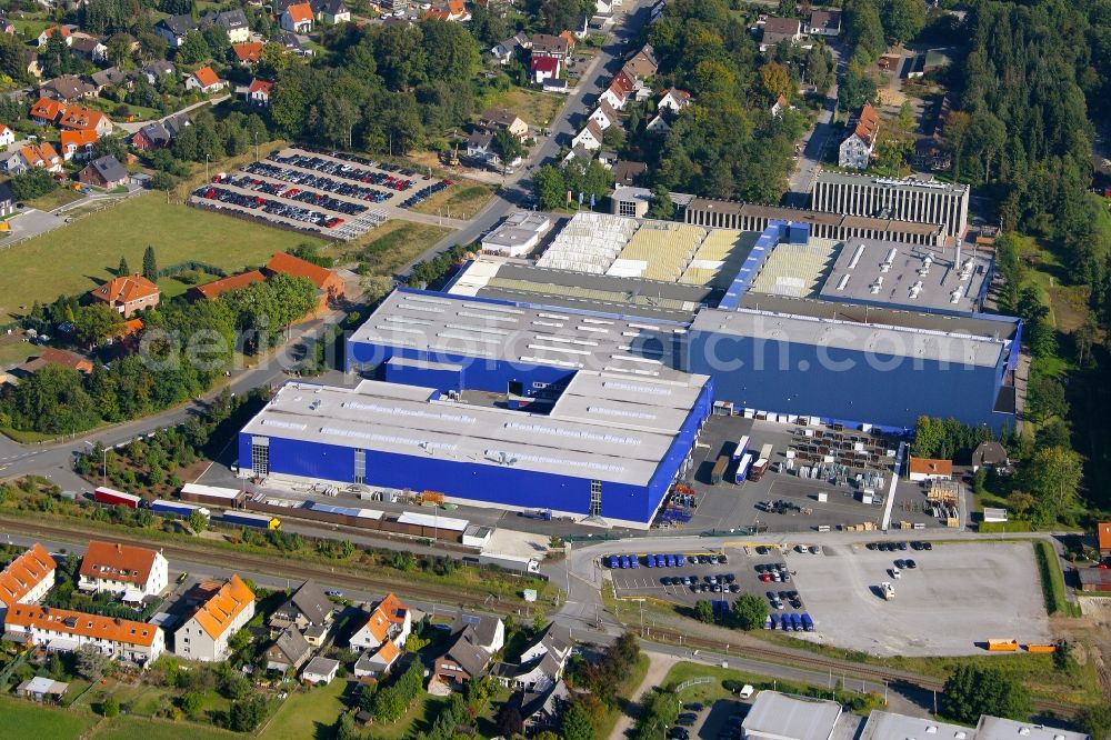 Steinhagen from the bird's eye view: Building and production halls on the premises of the Hoermann KG in the district Amshausen in Steinhagen in the state North Rhine-Westphalia, Germany