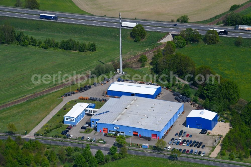 Märkisch Linden from above - Building and production halls on the premises of Huch GmbH Behaelterbau on Temnitz-Park-Chaussee in Maerkisch Linden in the state Brandenburg, Germany