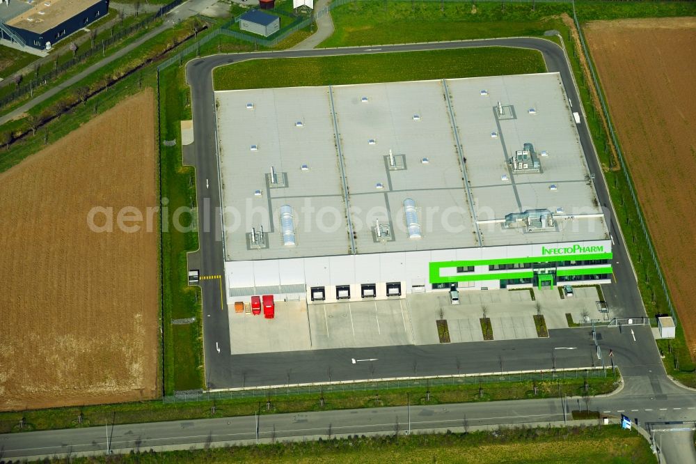 Heppenheim (Bergstraße) from the bird's eye view: Building and production halls on the premises of InfectoPharm Arzneimittel and Consilium GmbH on Lise-Meitner-Strasse in Heppenheim (Bergstrasse) in the state Hesse, Germany