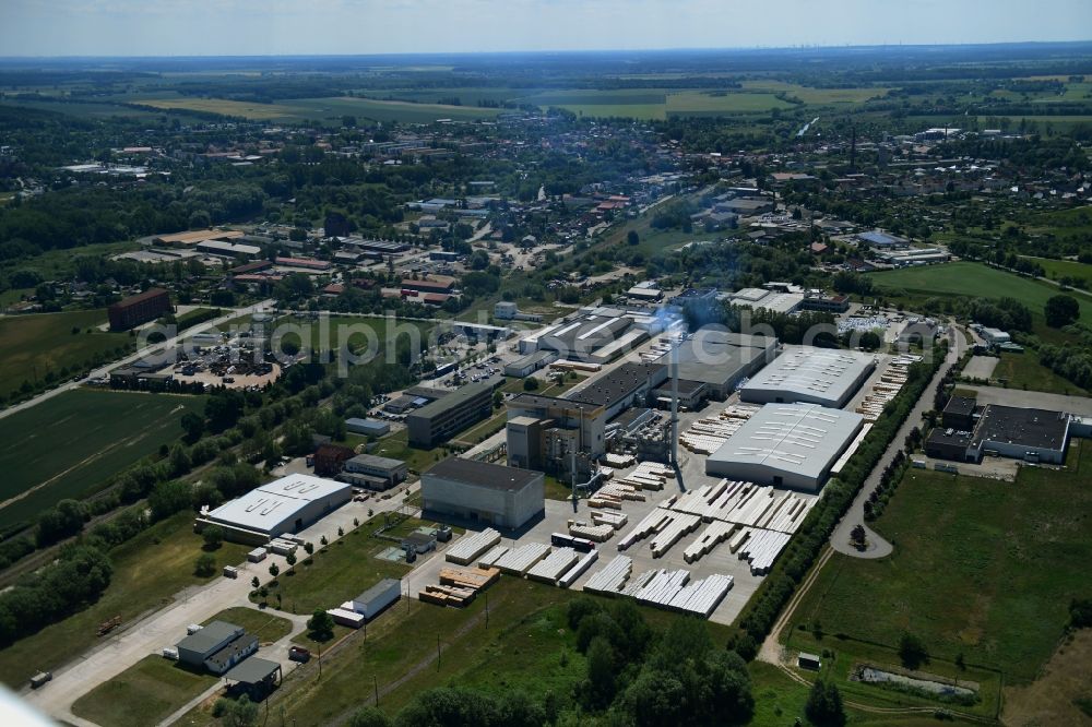 Aerial image Lübz - Building and production halls on the premises IsoVer on Industriestrasse in Luebz in the state Mecklenburg - Western Pomerania, Germany