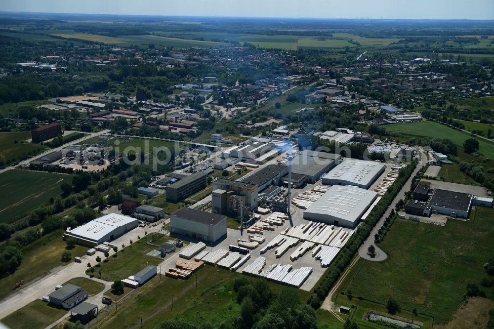 Aerial photograph Lübz - Building and production halls on the premises IsoVer on Industriestrasse in Luebz in the state Mecklenburg - Western Pomerania, Germany