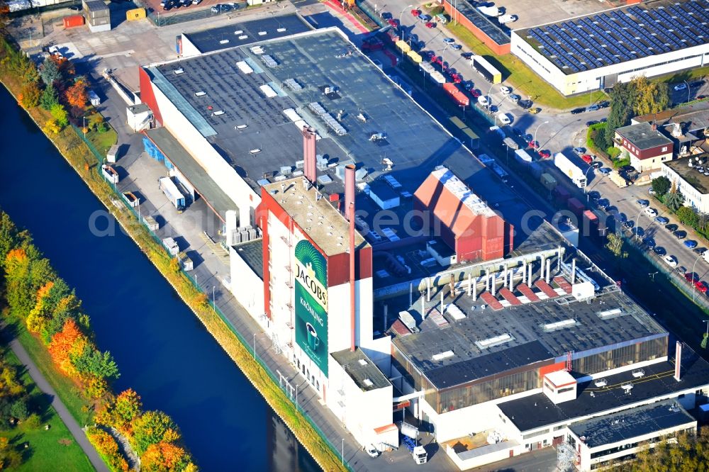 Berlin from above - Building and production halls on the premises of Kaffeegrosshaendler Jacobs Douwe Egberts in Berlin, Germany