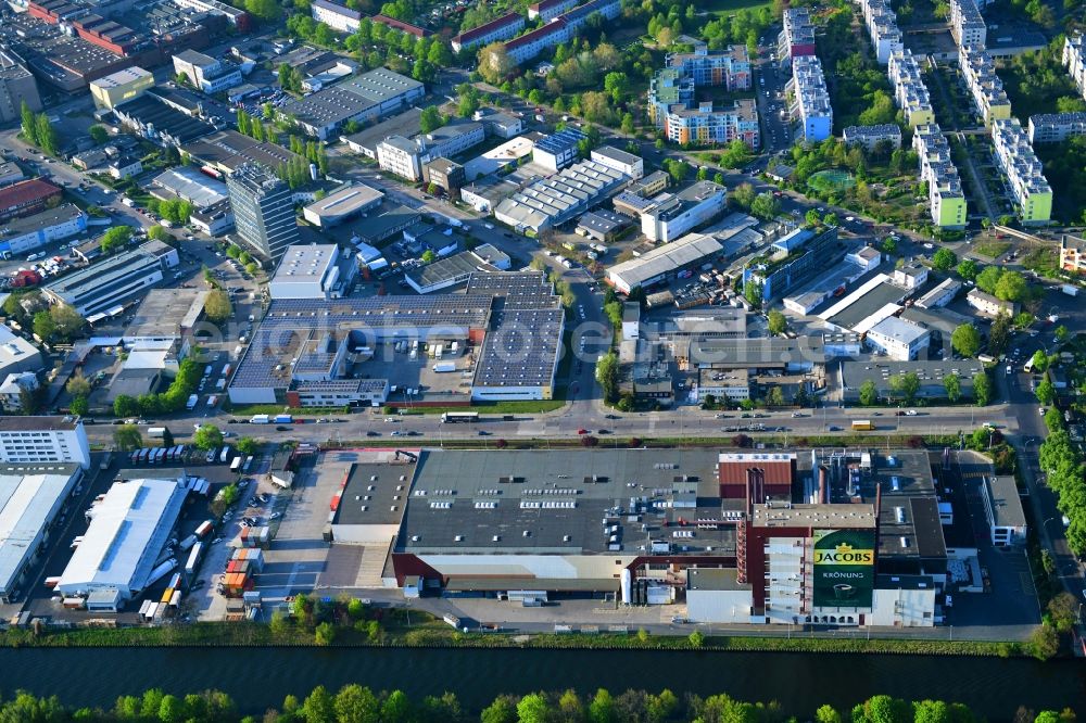 Berlin from above - Building and production halls on the premises of Kaffeegrosshaendler Jacobs Douwe Egberts in Berlin, Germany