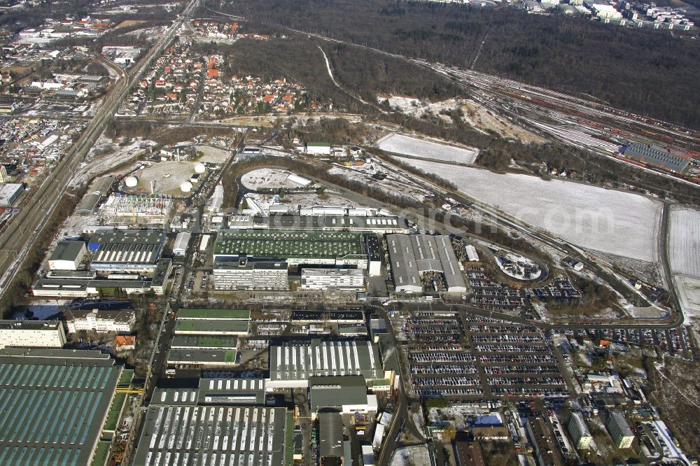 München from the bird's eye view: Building and production halls on the premises of KraussMaffei Technologies GmbH in the district Allach-Untermenzing in Munich in the state Bavaria, Germany