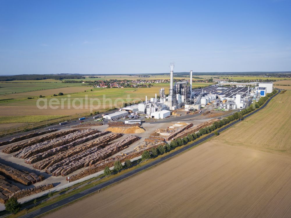 Lampertswalde from above - Building and production halls on the premises of Kronospan GmbH on street Muehlbacher Strasse in the district Quersa in Lampertswalde in the state Saxony, Germany