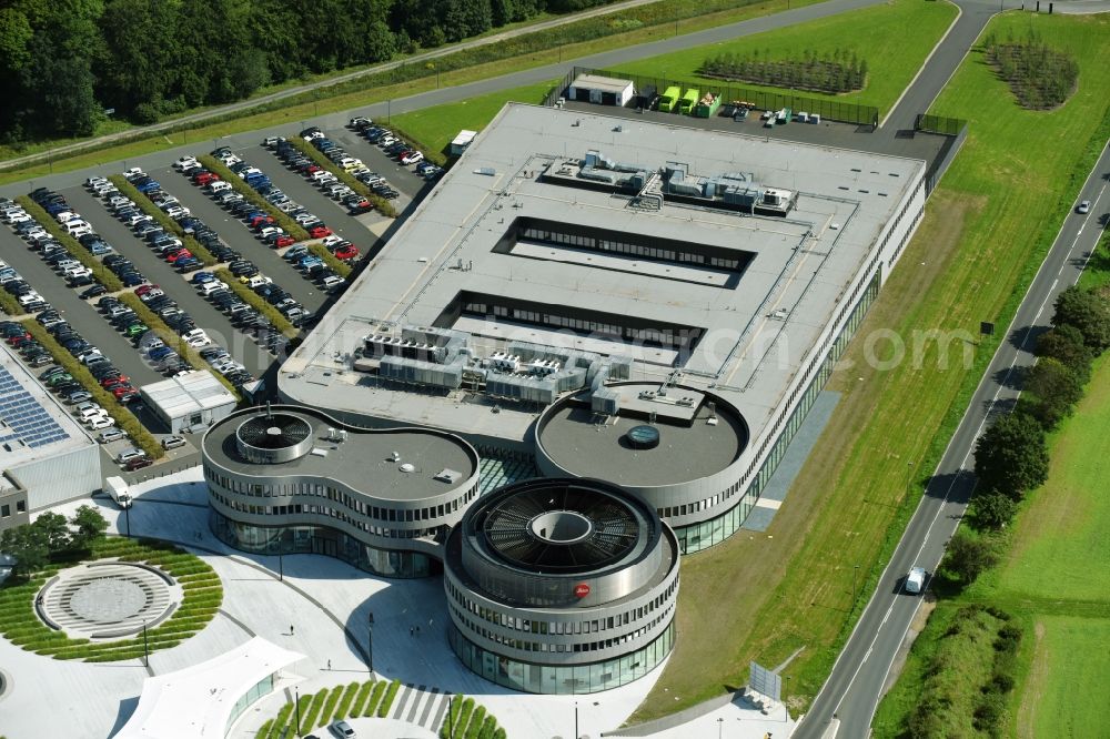 Wetzlar from above - Building and production halls on the premises of LEICA WELT IM LEITZ-PARK in Wetzlar in the state Hesse, Germany