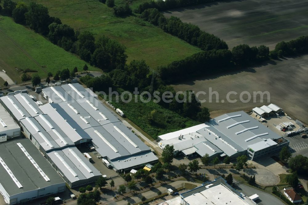 Ludwigslust from above - Building and production halls on the premises of the Lewens Sonnenschutz-Systeme GmbH & Co. KG in Ludwigslust in the state Mecklenburg - Western Pomerania