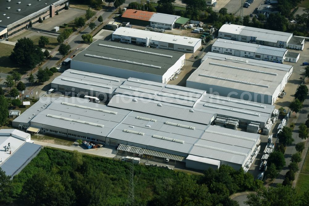 Ludwigslust from above - Building and production halls on the premises of the Lewens Sonnenschutz-Systeme GmbH & Co. KG in Ludwigslust in the state Mecklenburg - Western Pomerania