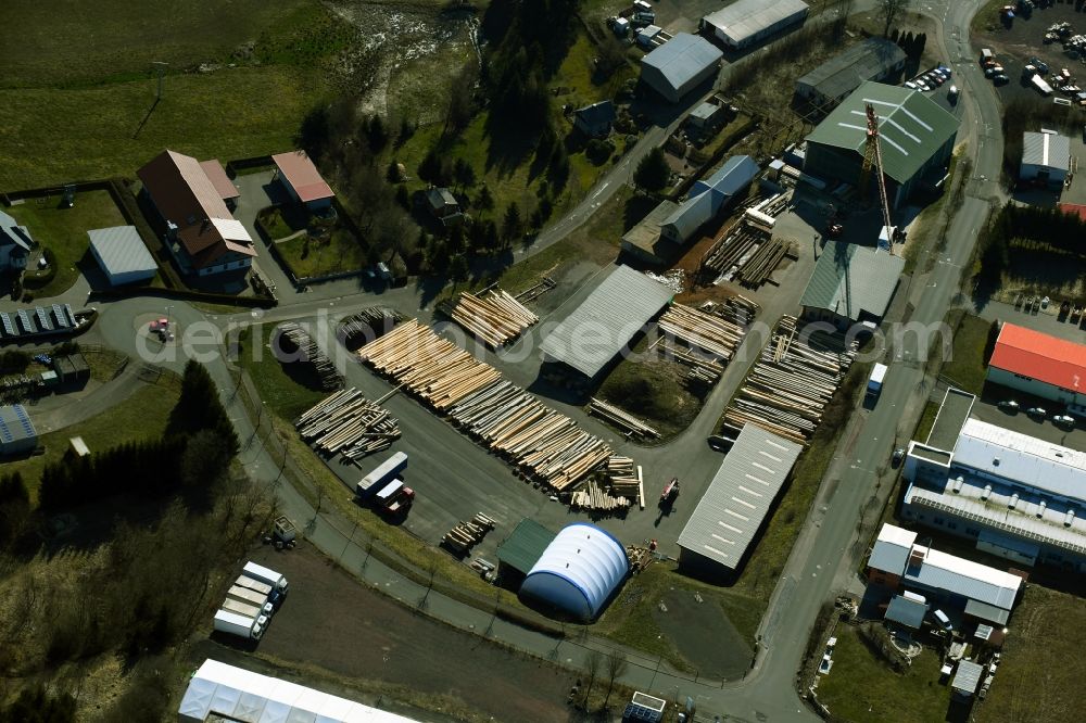 Kurort Brotterode from the bird's eye view: Building and production halls on the premises of Loeffler-Naturstammhaus GmbH & Co. KG on Willi-Betz-Strasse in the district Brotterode in Kurort Brotterode in the state Thuringia, Germany