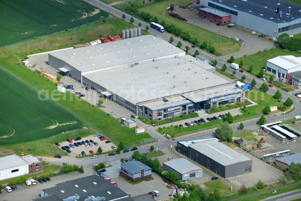 Schönberg from above - Building and production halls on the premises of Lindal Dispenser GmbH in Schoenberg in the state Mecklenburg - Western Pomerania